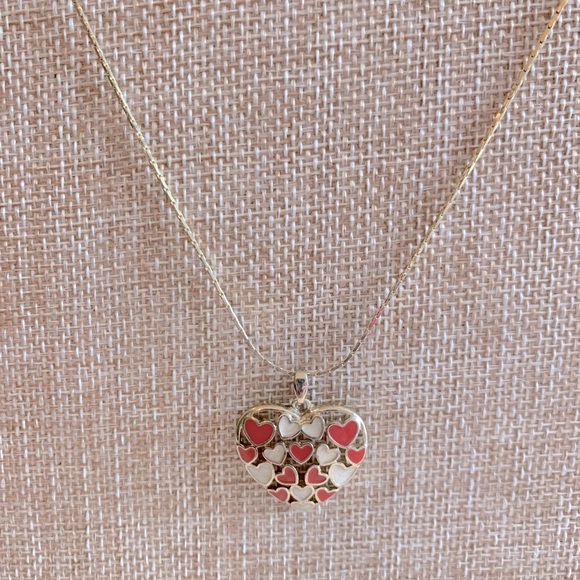 Avon Open Metal Enamel Hearts Silvertone Pendant Necklace - Picture 2 of 6